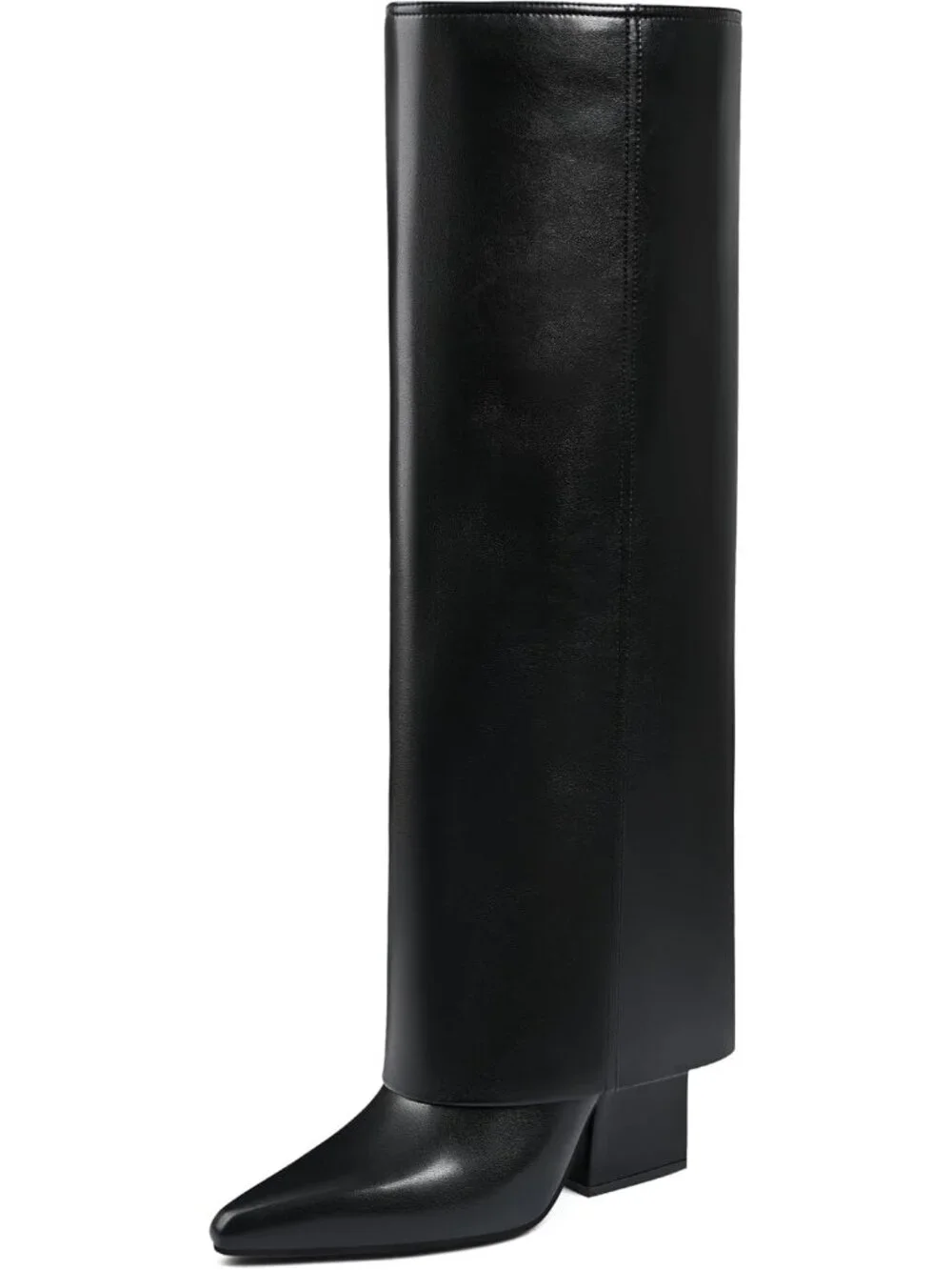 Women's Black Block Low Heels Knee High Fold Over Pointed Toe Shark Tall Boots